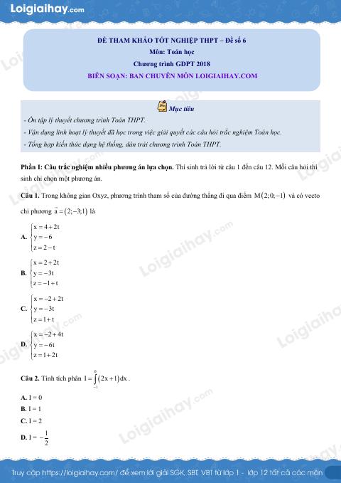 Đề tham khảo thi THPT môn Toán - Đề số 6 (hay, chi tiết)